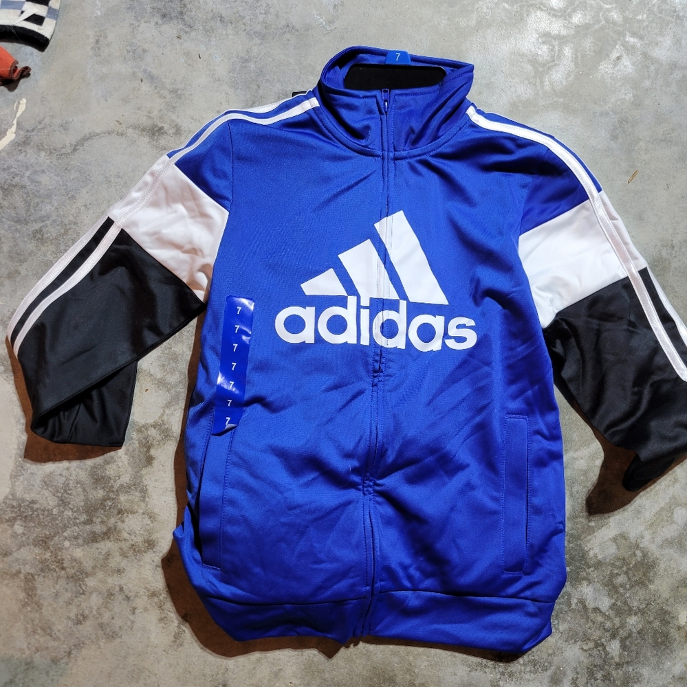 Adidas track suit jacket and pants set boys 7 black and blue